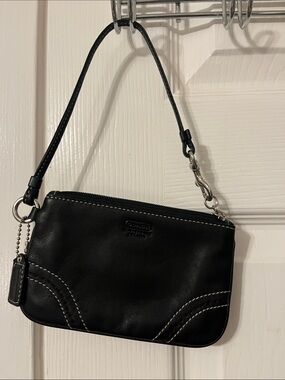 Coach Black Leather Wristlet Clutch with Contrast Stitching